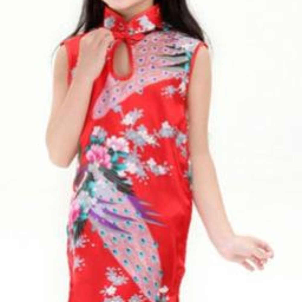 Wudiemi Chinese Peacock Sleeveless Dress Mandarin Collar Red Pink Size 8/10